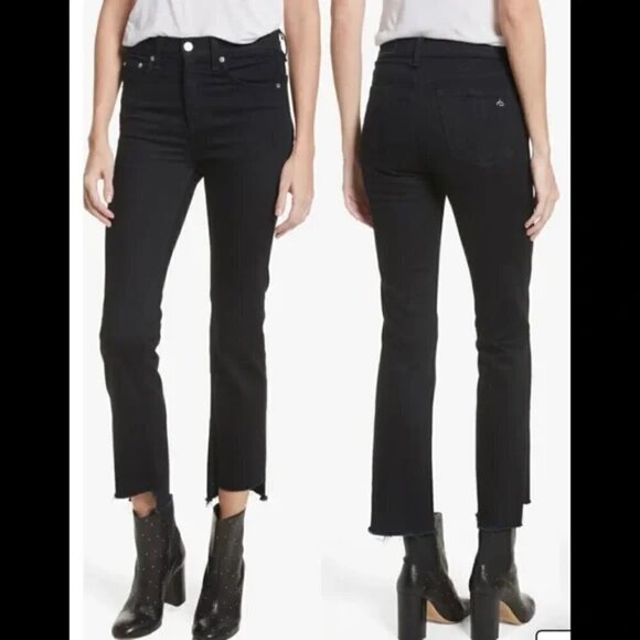 Rag & Bone Stovepipe High Rise Cropped Raw Cut Step Hem Black Jeans NWT Sz 26 - Picture 11 of 12